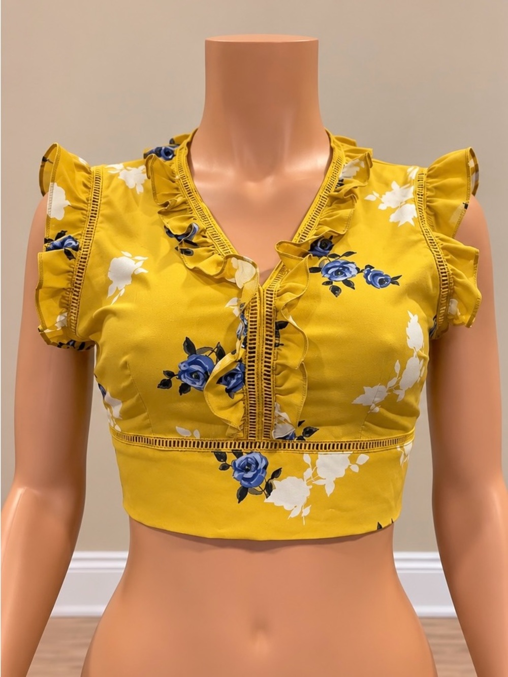 LoveShackFancy Mustard Blue Floral Ruffle Backless Tie Crop Top XS NWOT